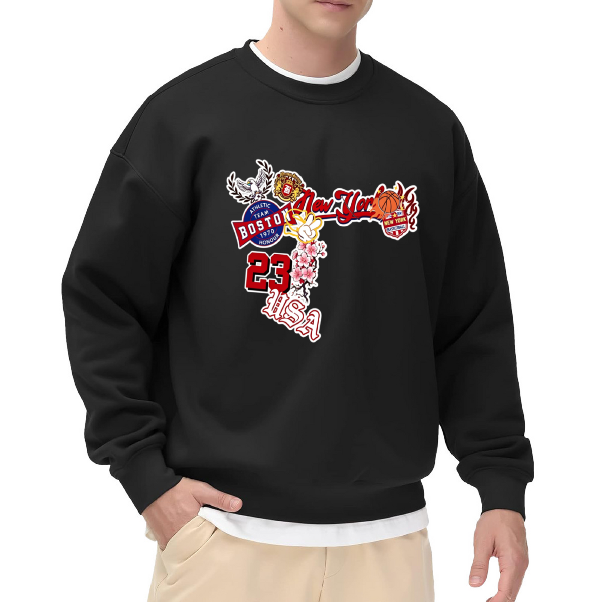 Vintage USA New York Boston Basketball Collage Graphic White Crewneck Sweatshirt