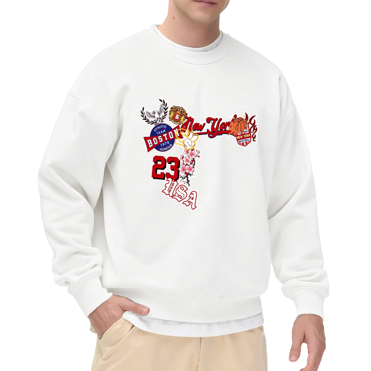 Vintage USA New York Boston Basketball Collage Graphic White Crewneck Sweatshirt