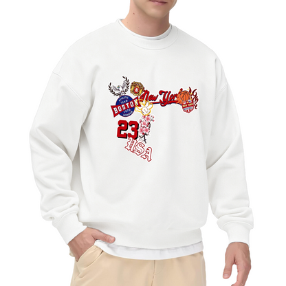 Vintage USA New York Boston Basketball Collage Graphic White Crewneck Sweatshirt