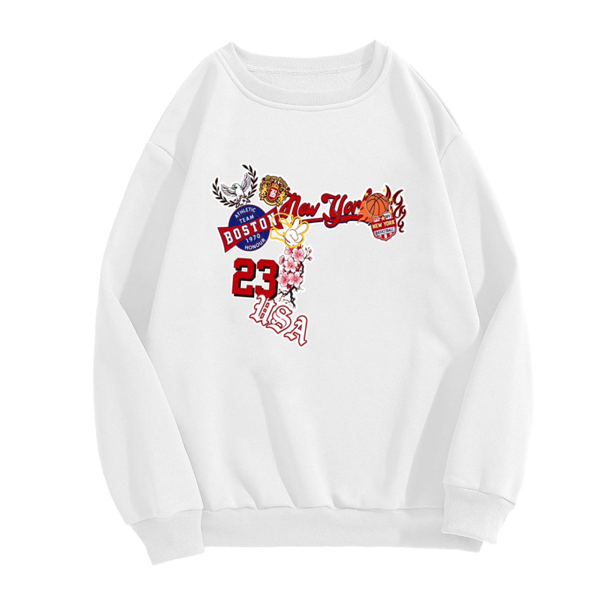 Vintage USA New York Boston Basketball Collage Graphic White Crewneck Sweatshirt