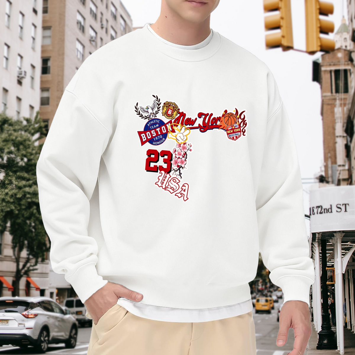 Vintage USA New York Boston Basketball Collage Graphic White Crewneck Sweatshirt