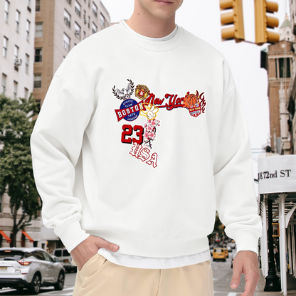 Vintage USA New York Boston Basketball Collage Graphic White Crewneck Sweatshirt