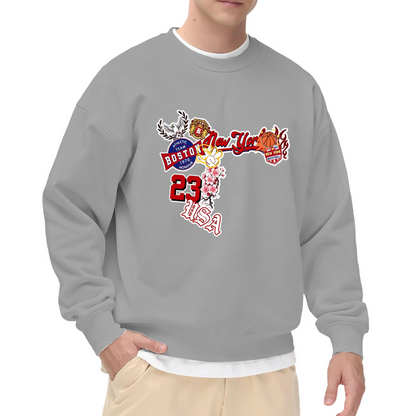Vintage USA New York Boston Basketball Collage Graphic White Crewneck Sweatshirt