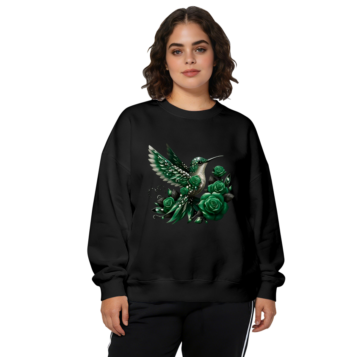 Elegant Green Hummingbird & Dark Green Roses Art Crewneck Sweatshirt