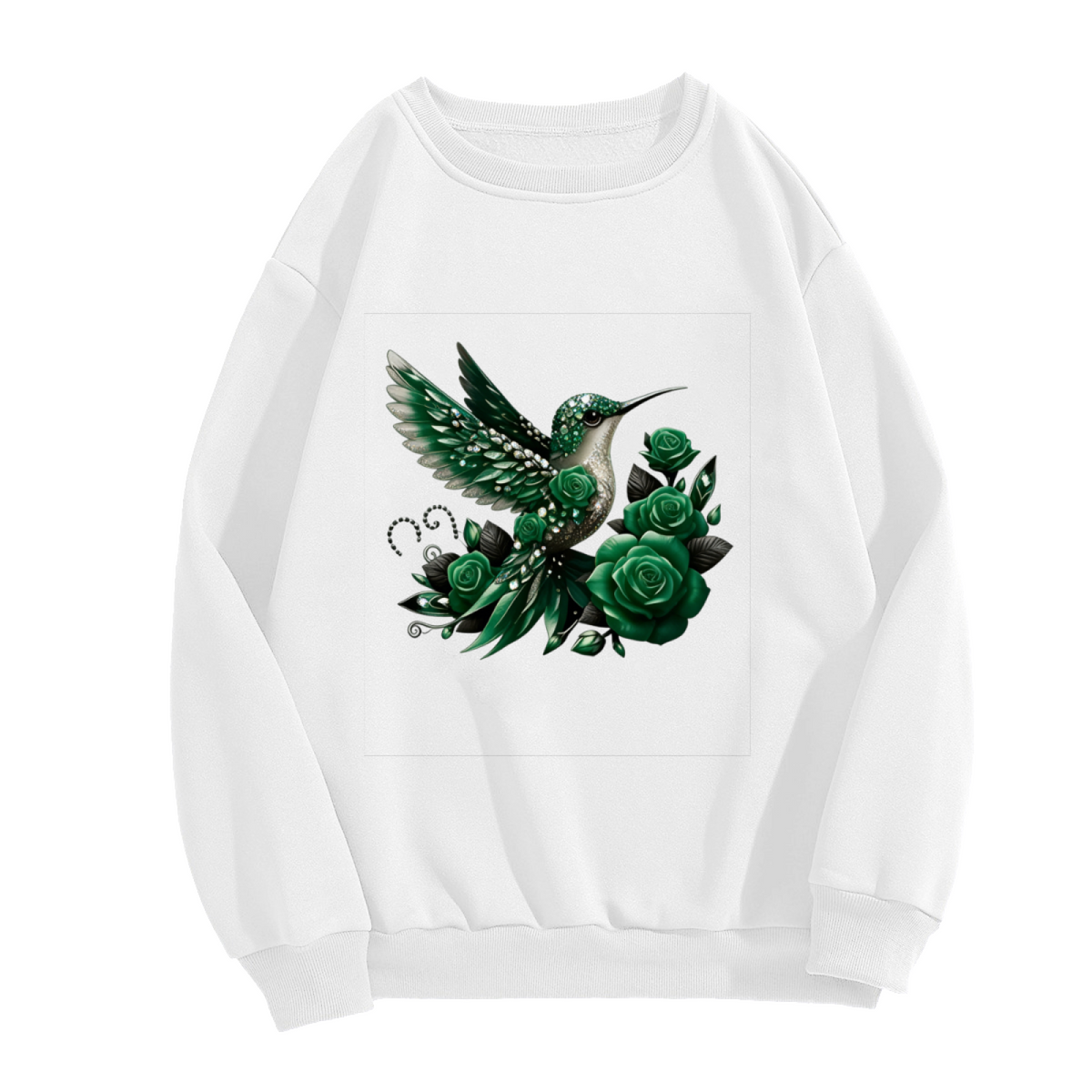 Elegant Green Hummingbird & Dark Green Roses Art Crewneck Sweatshirt