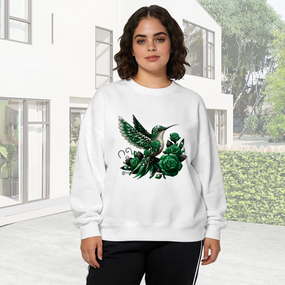 Elegant Green Hummingbird & Dark Green Roses Art Crewneck Sweatshirt