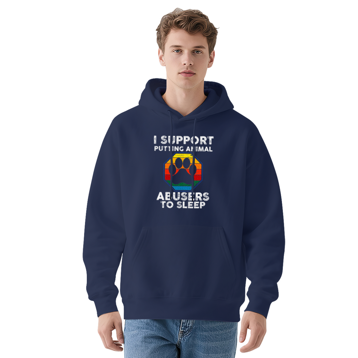Animal Lover Anti-Abuse Rainbow Paw Print Hoodie, Cozy Casual Black Pullover Hoodie