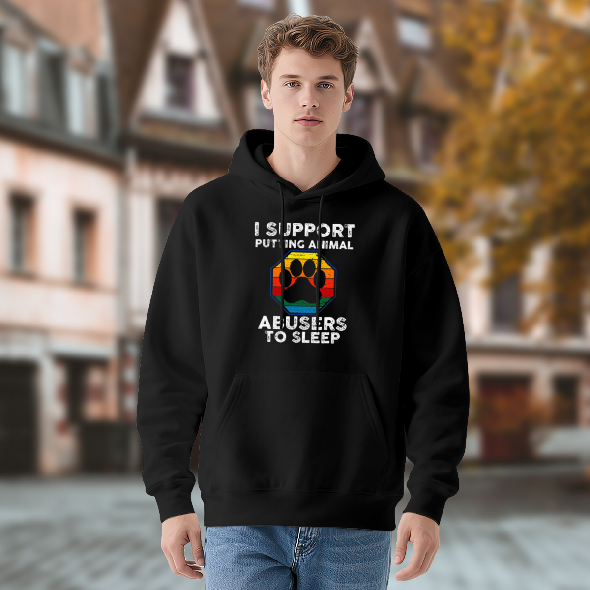 Animal Lover Anti-Abuse Rainbow Paw Print Hoodie, Cozy Casual Black Pullover Hoodie
