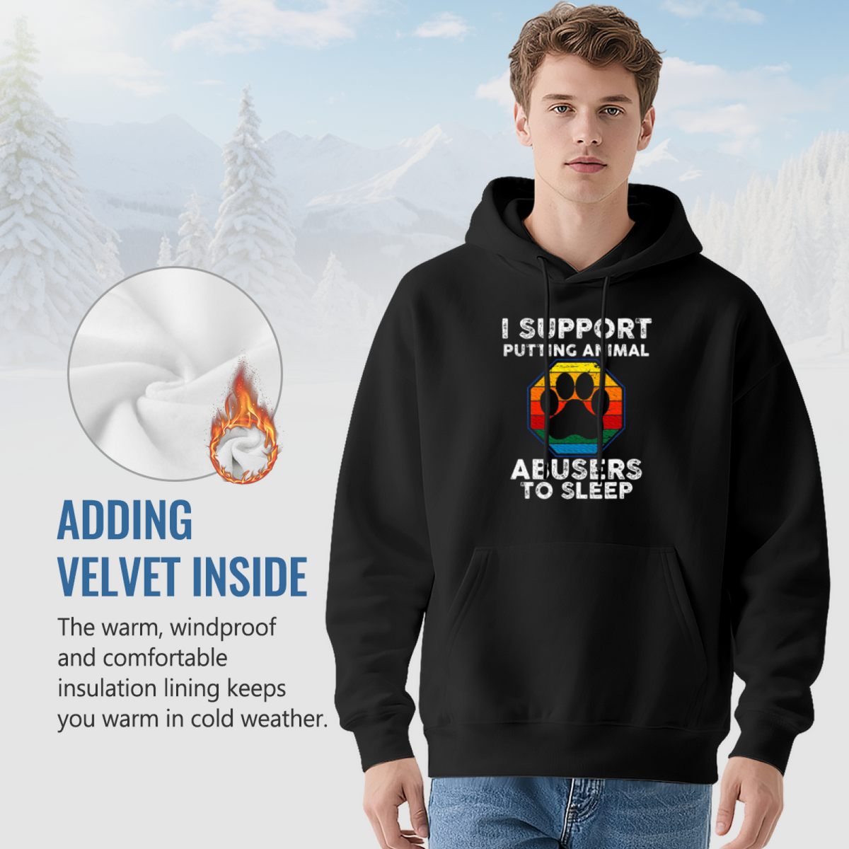 Animal Lover Anti-Abuse Rainbow Paw Print Hoodie, Cozy Casual Black Pullover Hoodie