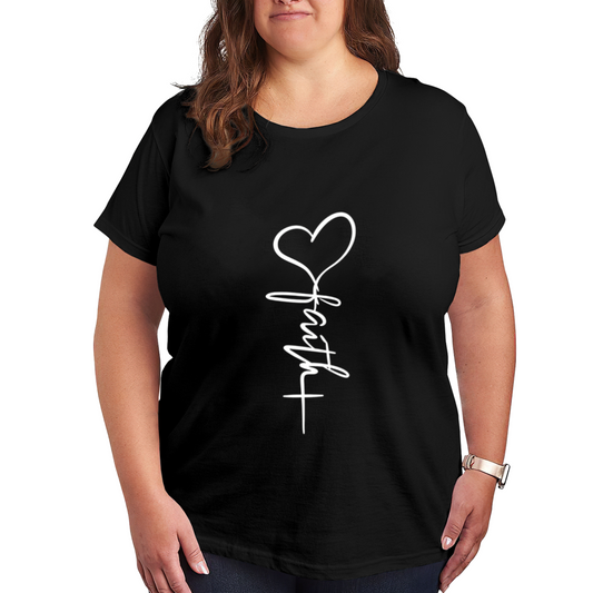 Faith Heart Cross Vertical Script Minimal Christian Women¡¯s Black Tee
