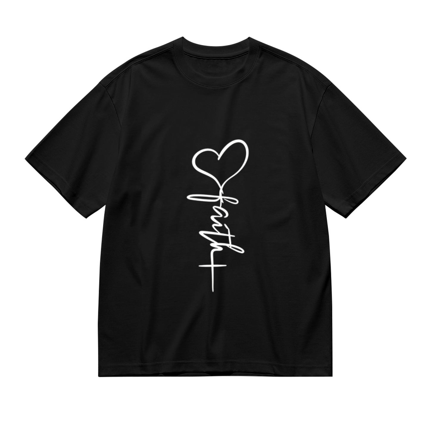 Faith Heart Cross Vertical Script Minimal Christian Women¡¯s Black Tee