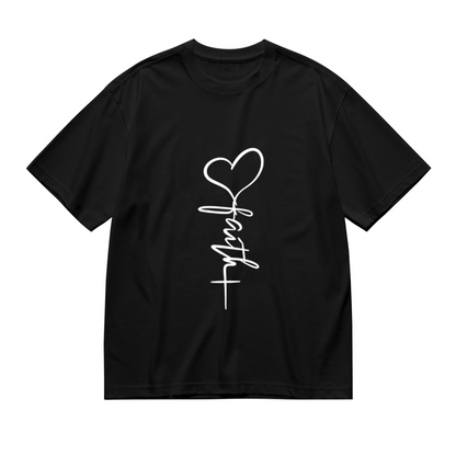 Faith Heart Cross Vertical Script Minimal Christian Women¡¯s Black Tee