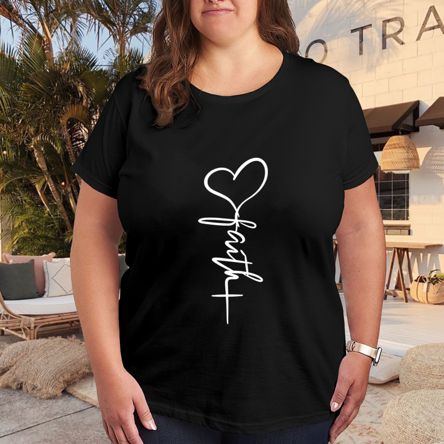 Faith Heart Cross Vertical Script Minimal Christian Women¡¯s Black Tee