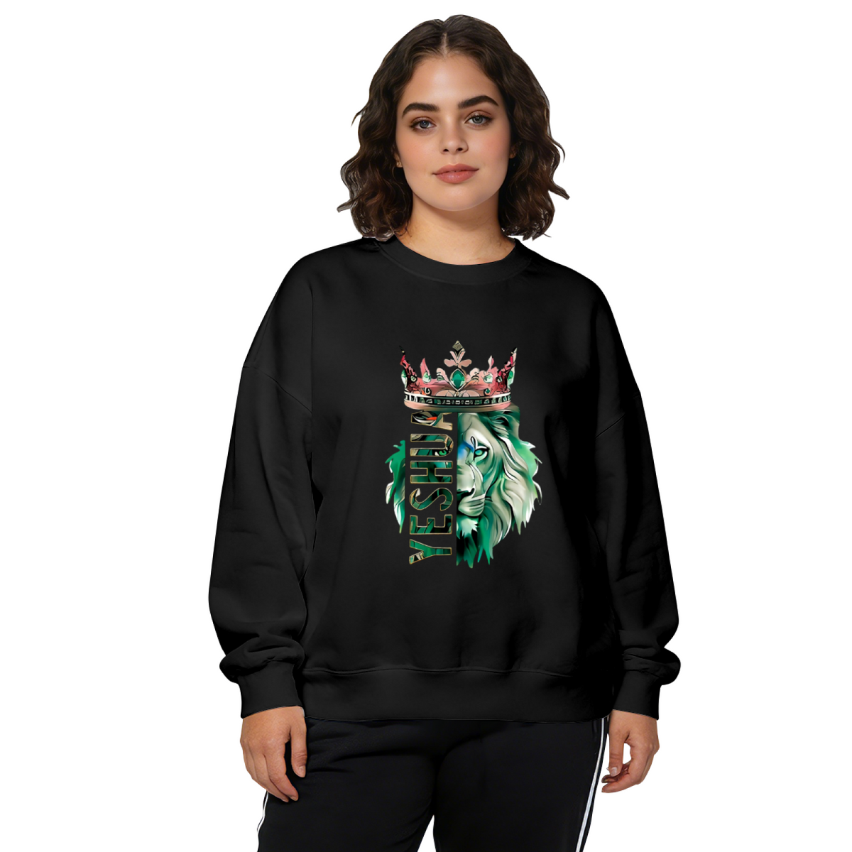 Yeshua Crown Lion Green‑Toned Art Crewneck Sweatshirt