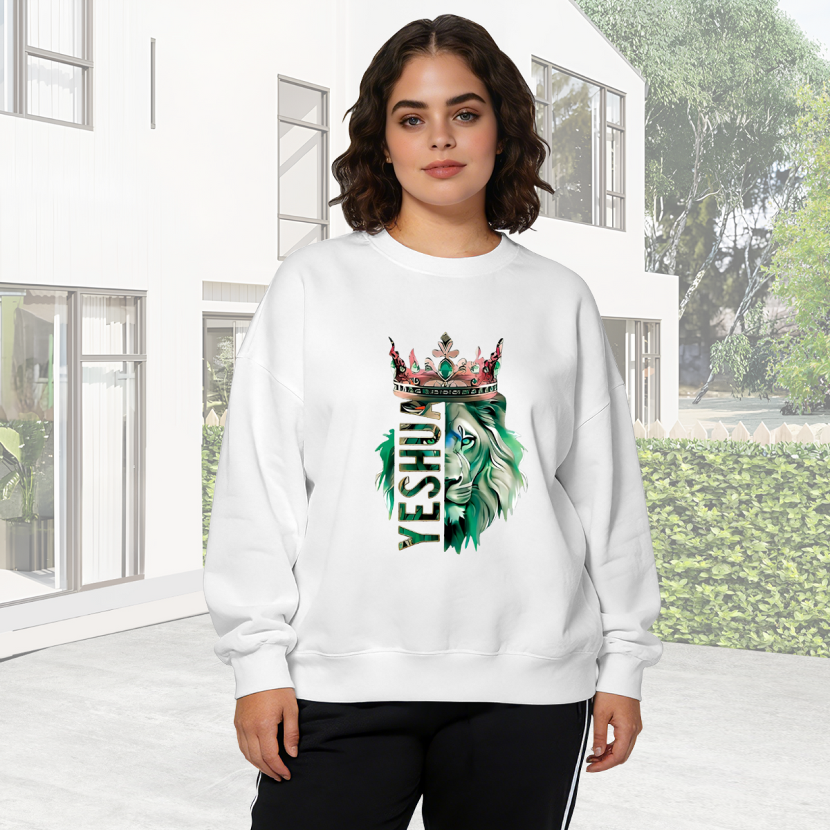 Yeshua Crown Lion Green‑Toned Art Crewneck Sweatshirt