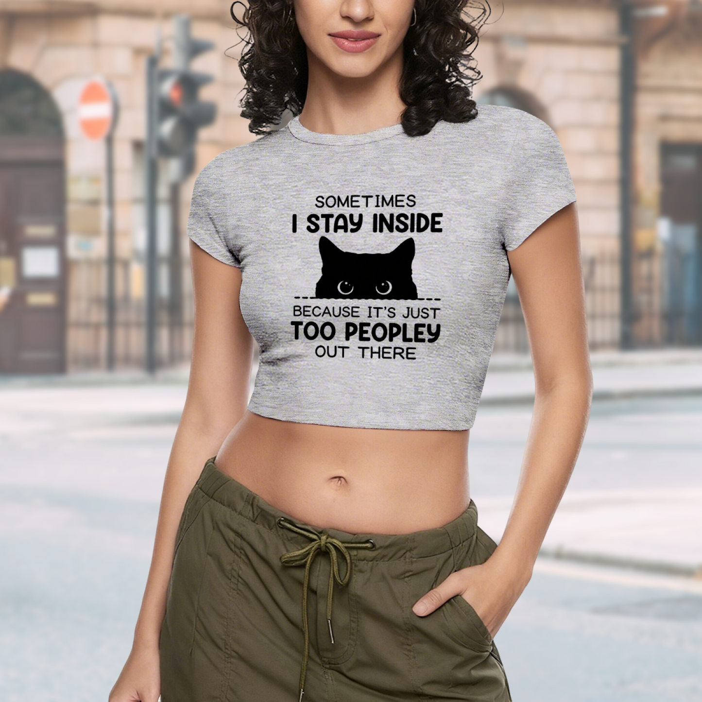 Introvert Black Cat Too Peopley Funny Gray Crop Tee