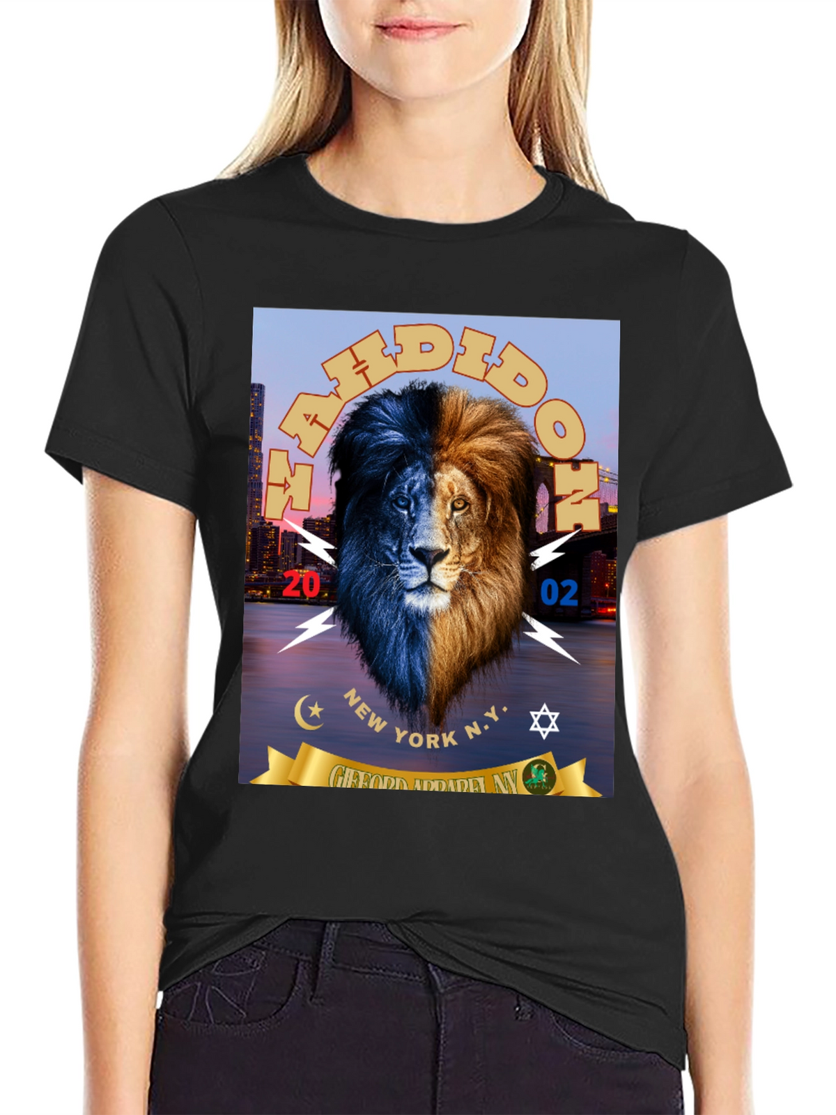 Dual Tone Lion Graphic Print Black T-Shirt