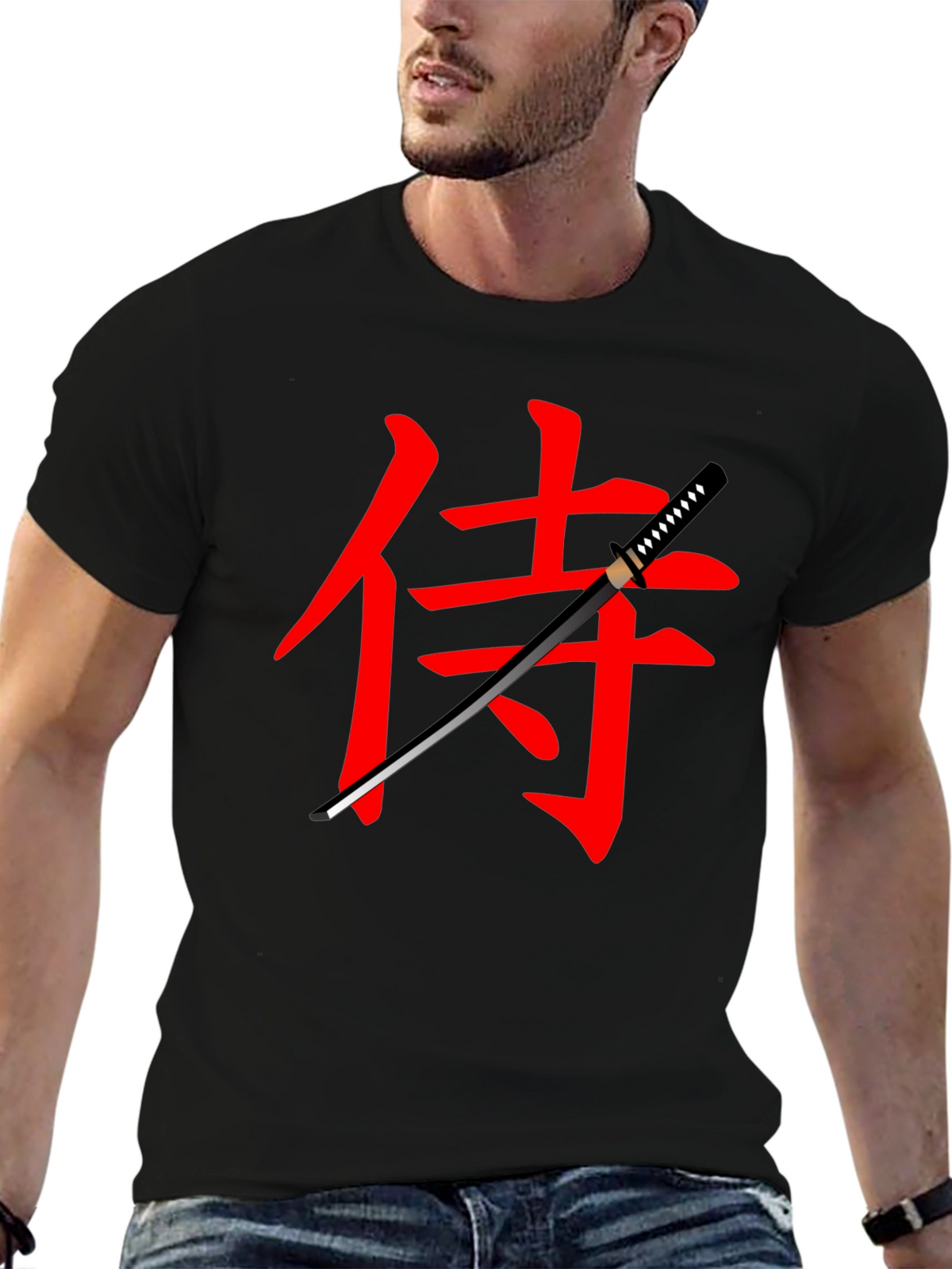 Samurai Sword Graphic Tee - Black Cotton T-Shirt