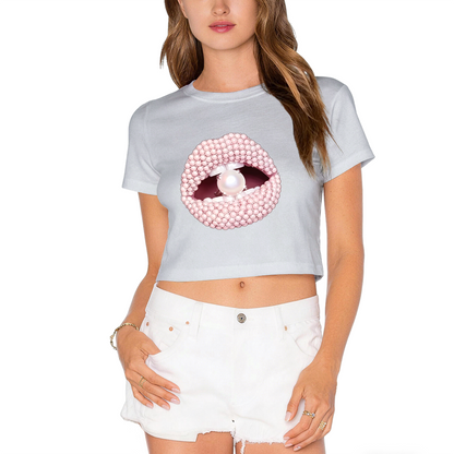 Luxury Pearl Beaded Lips Glam Hot Pink Crop Tee