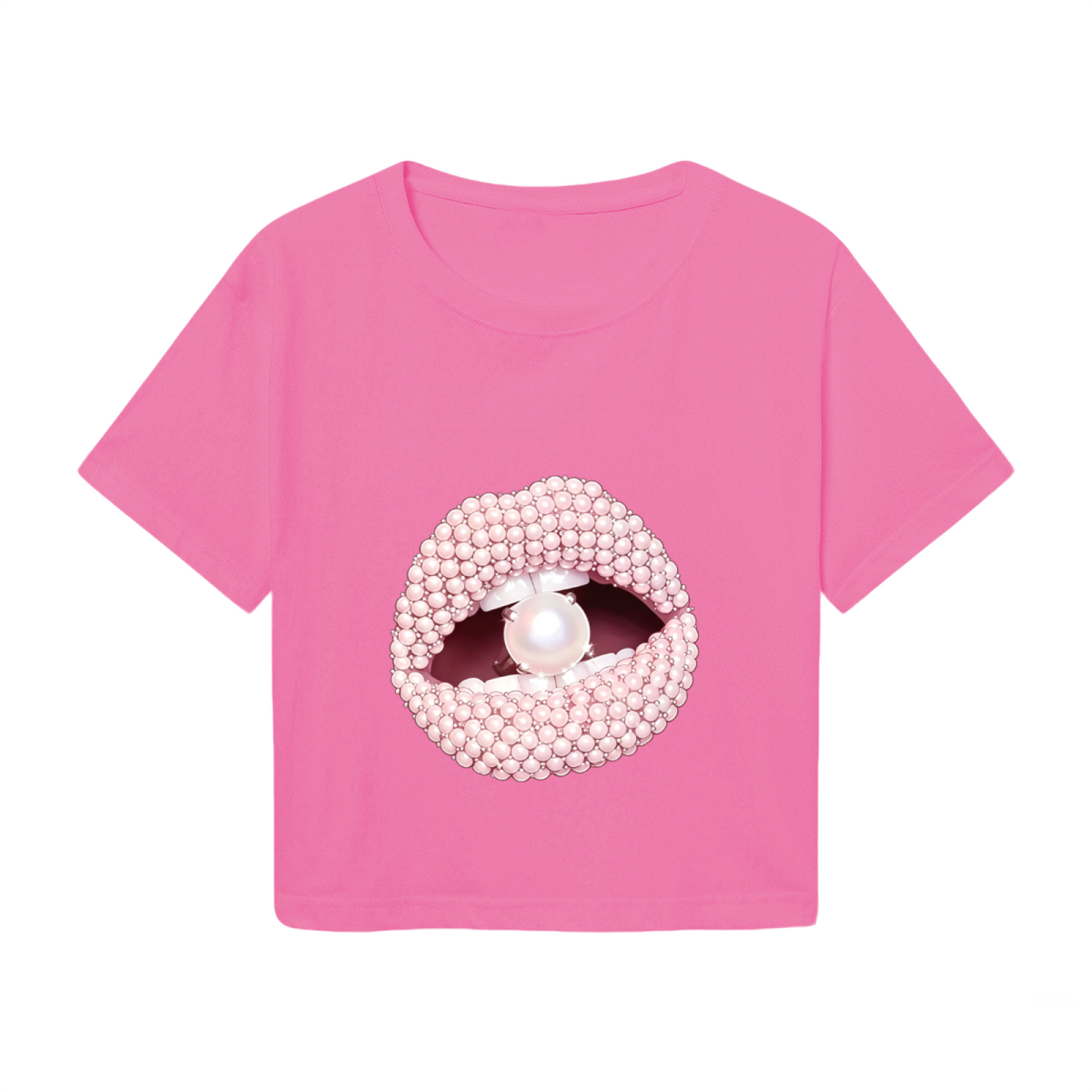 Luxury Pearl Beaded Lips Glam Hot Pink Crop Tee