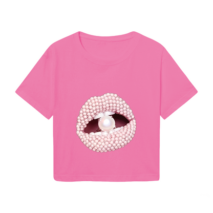 Luxury Pearl Beaded Lips Glam Hot Pink Crop Tee