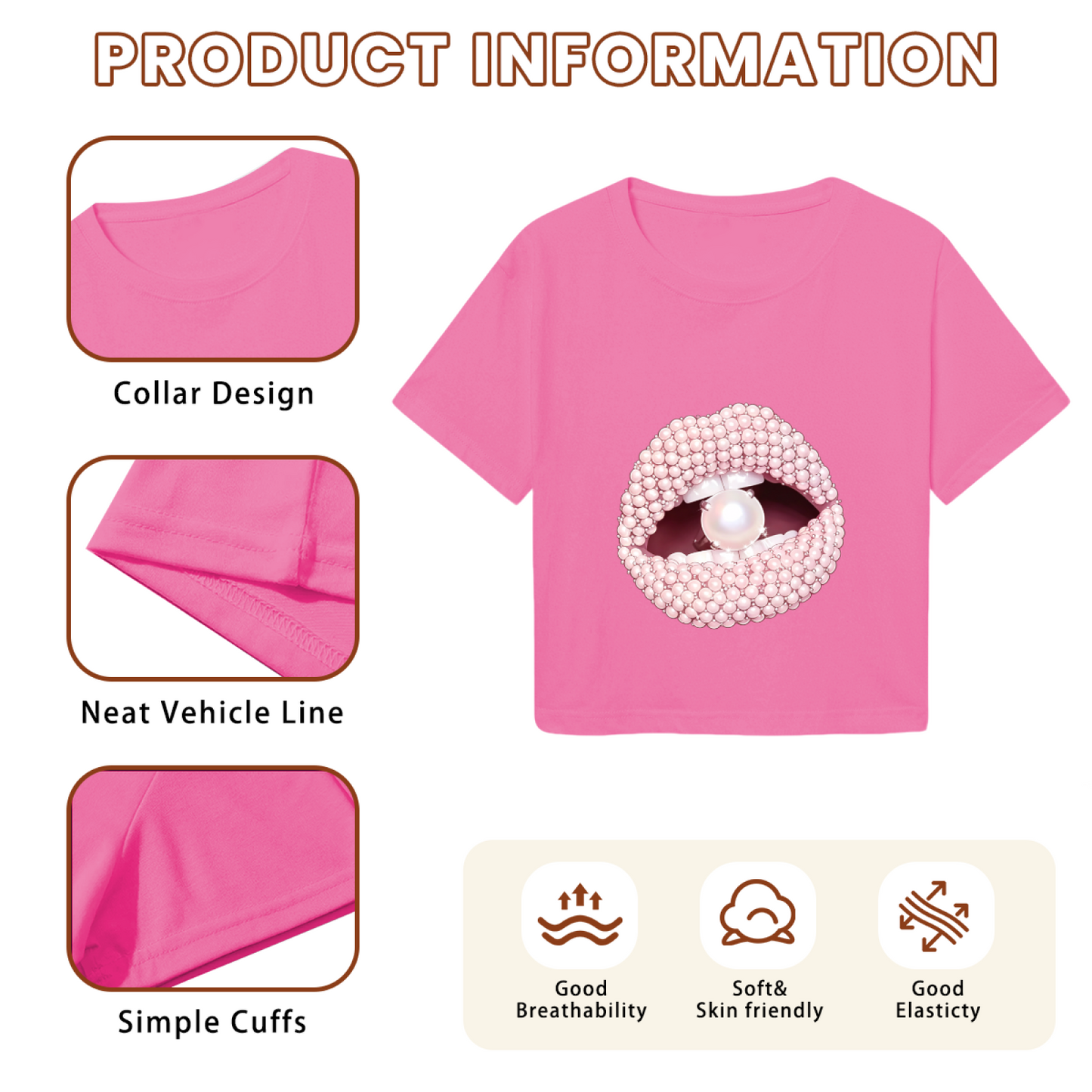 Luxury Pearl Beaded Lips Glam Hot Pink Crop Tee