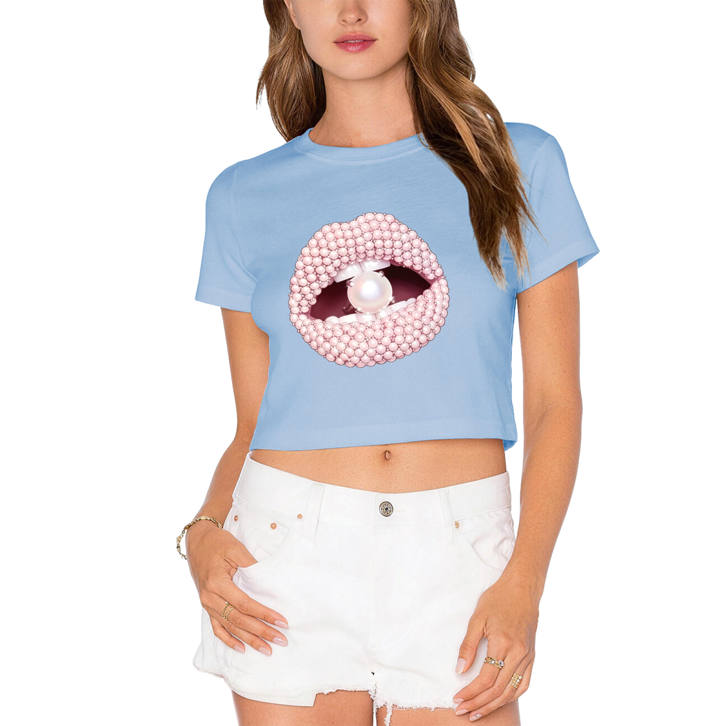 Luxury Pearl Beaded Lips Glam Hot Pink Crop Tee
