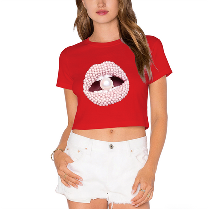 Luxury Pearl Beaded Lips Glam Hot Pink Crop Tee