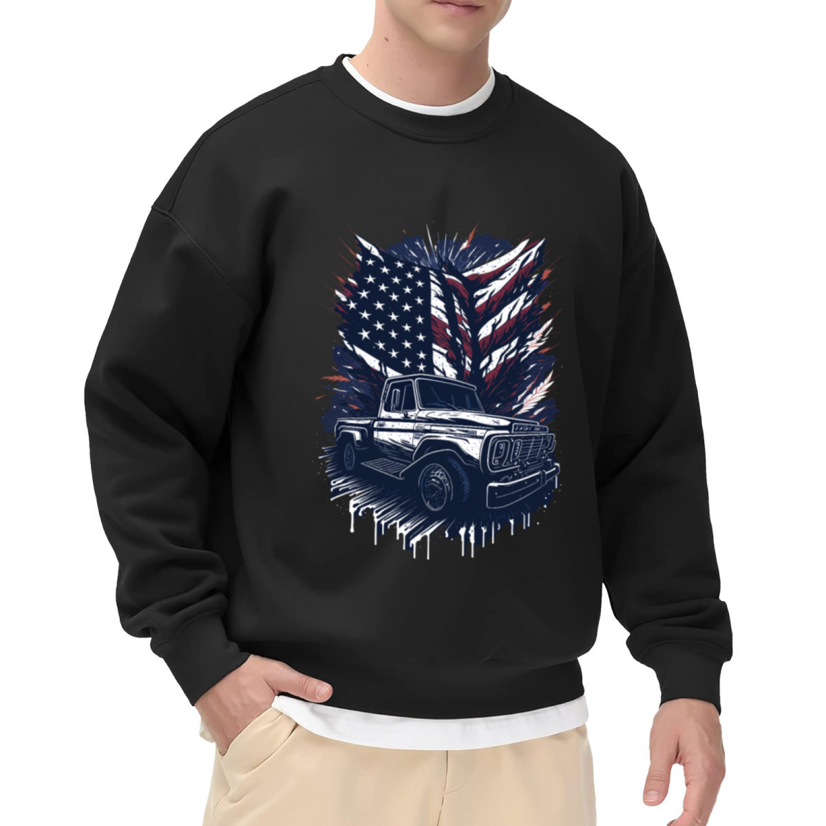 Retro American Flag Vintage Classic Truck Graphic Crewneck Sweatshirt