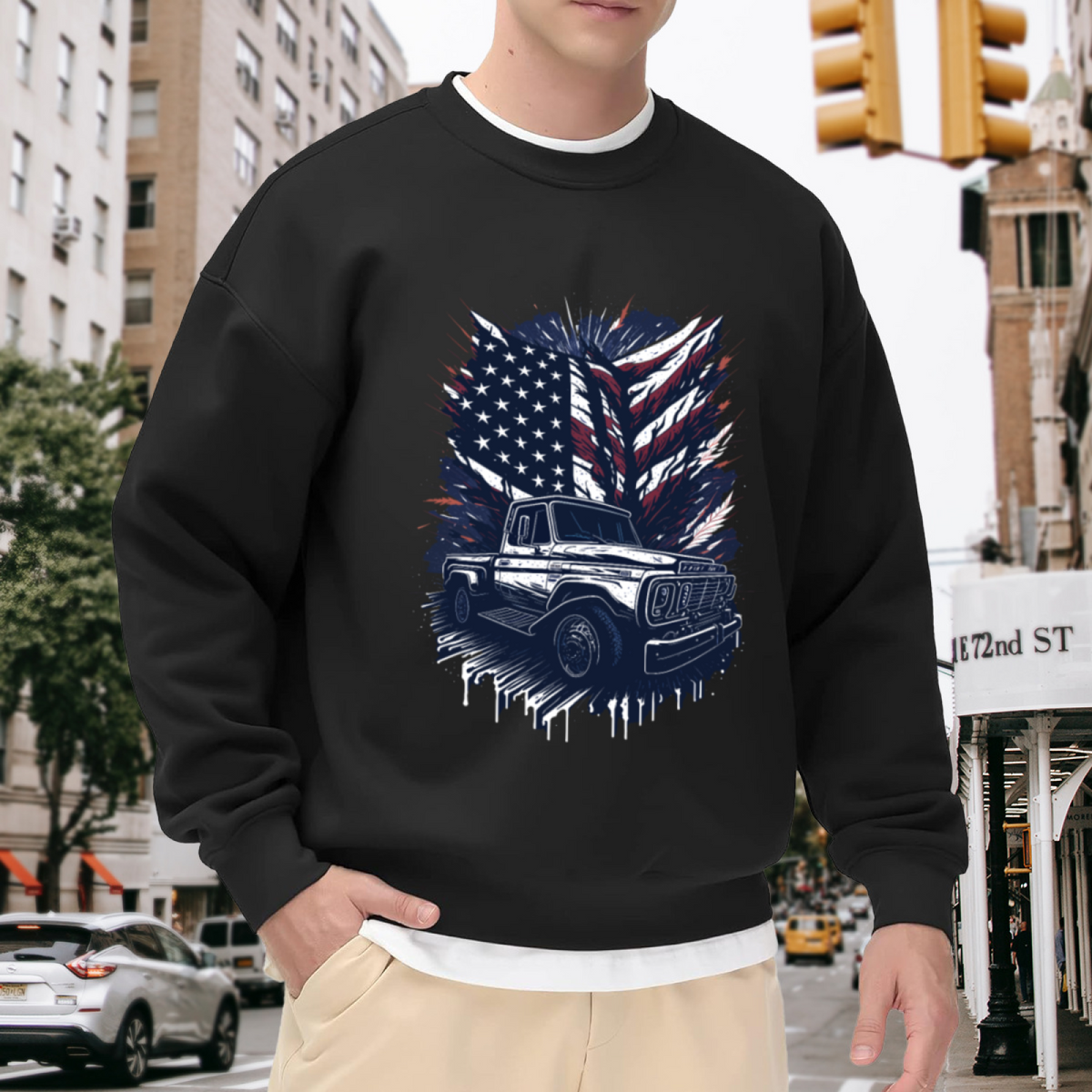 Retro American Flag Vintage Classic Truck Graphic Crewneck Sweatshirt