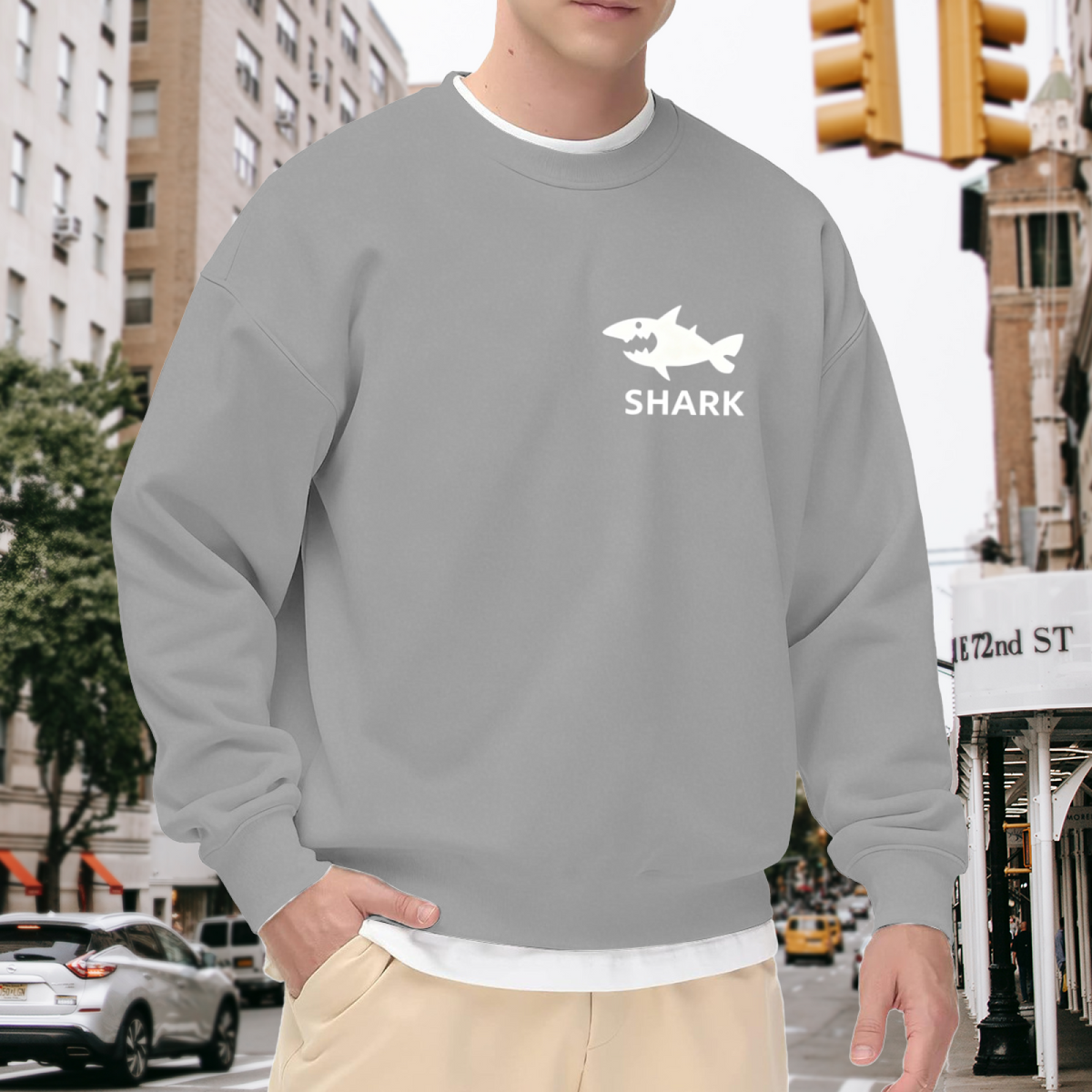 Minimal Shark Silhouette Chest Print Gray Crewneck Sweatshirt