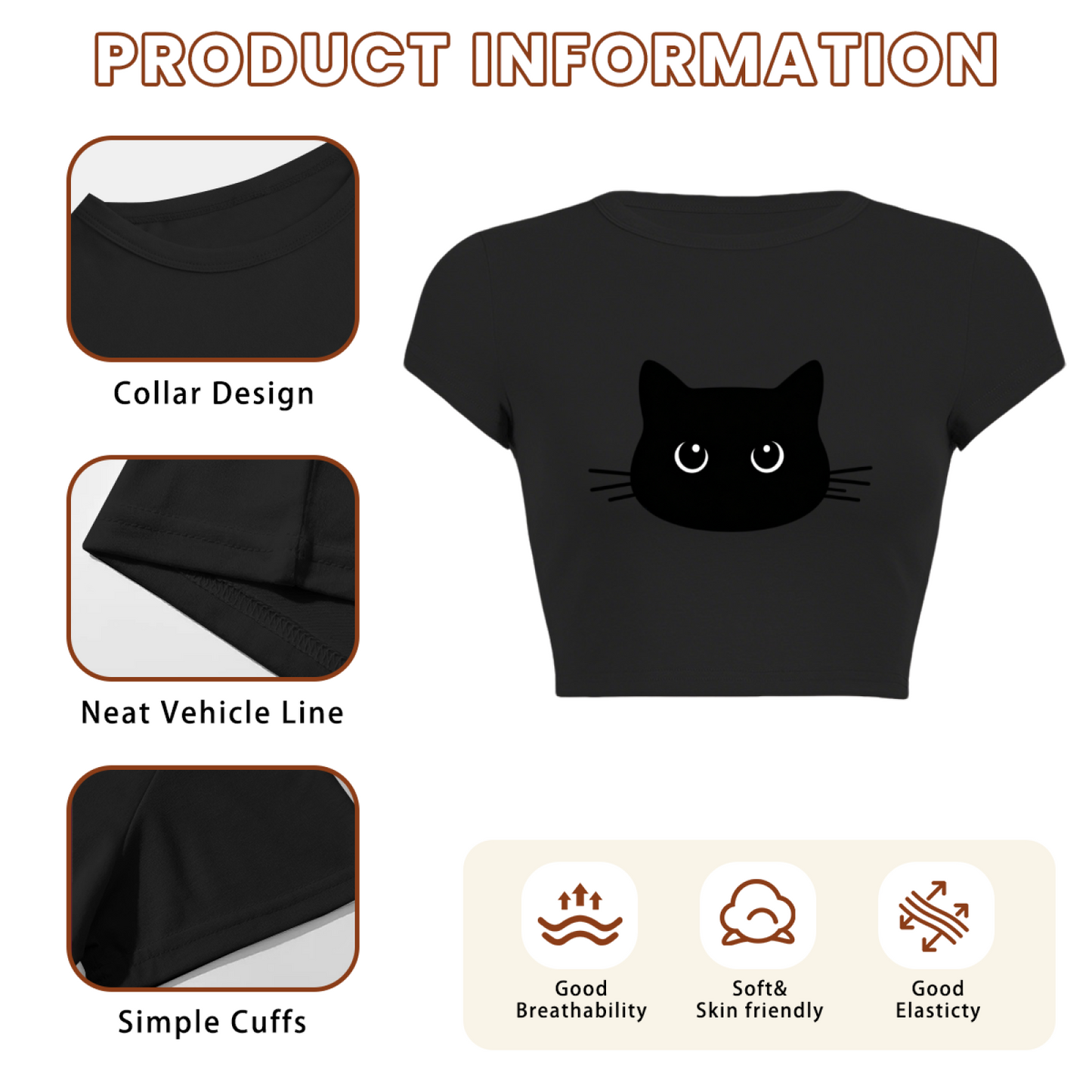 Cute Black Cat Face Slim Fit Y2K Crop Top