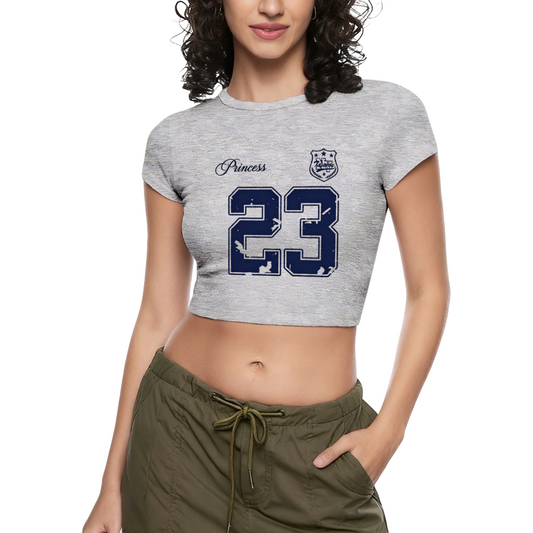 Princess 23 Distressed Varsity Grey Crop Top ¨C Retro Sporty Girl Slim Tee