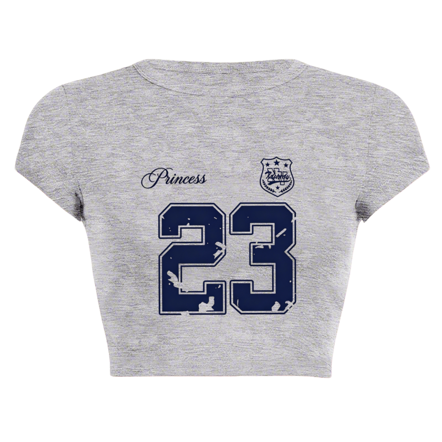 Princess 23 Distressed Varsity Grey Crop Top ¨C Retro Sporty Girl Slim Tee