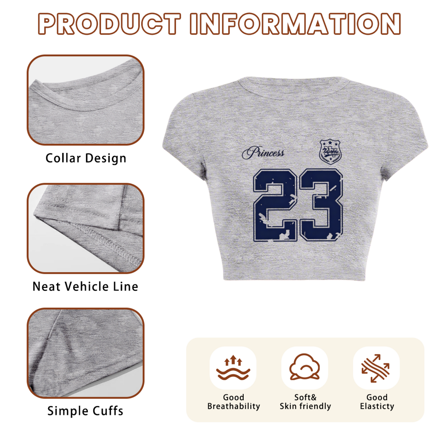 Princess 23 Distressed Varsity Grey Crop Top ¨C Retro Sporty Girl Slim Tee