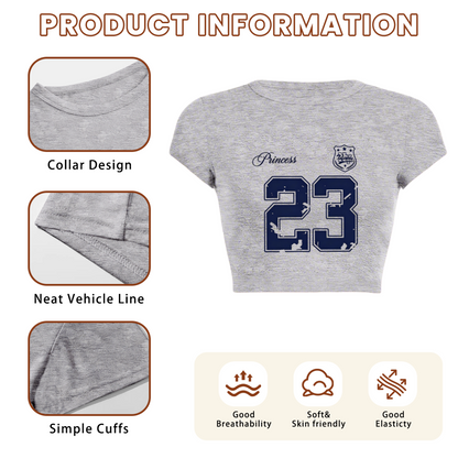 Princess 23 Distressed Varsity Grey Crop Top ¨C Retro Sporty Girl Slim Tee