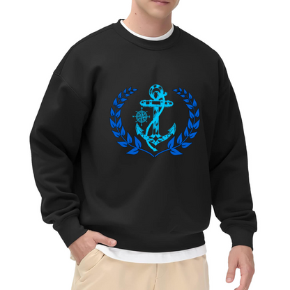 Blue Nautical Anchor Compass Laurel Wreath Ocean Lover Crewneck Sweatshirt