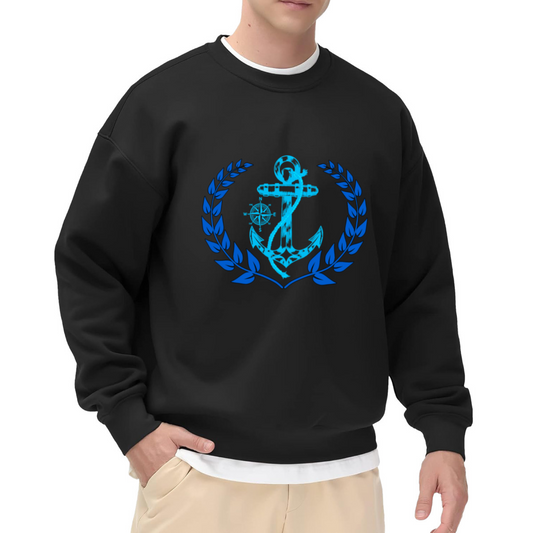 Blue Nautical Anchor Compass Laurel Wreath Ocean Lover Crewneck Sweatshirt