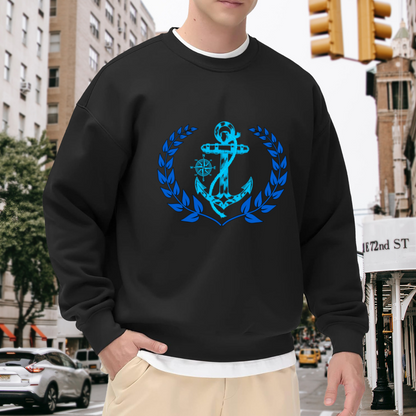 Blue Nautical Anchor Compass Laurel Wreath Ocean Lover Crewneck Sweatshirt
