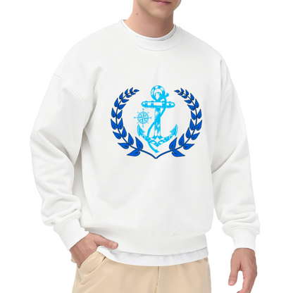 Blue Nautical Anchor Compass Laurel Wreath Ocean Lover Crewneck Sweatshirt