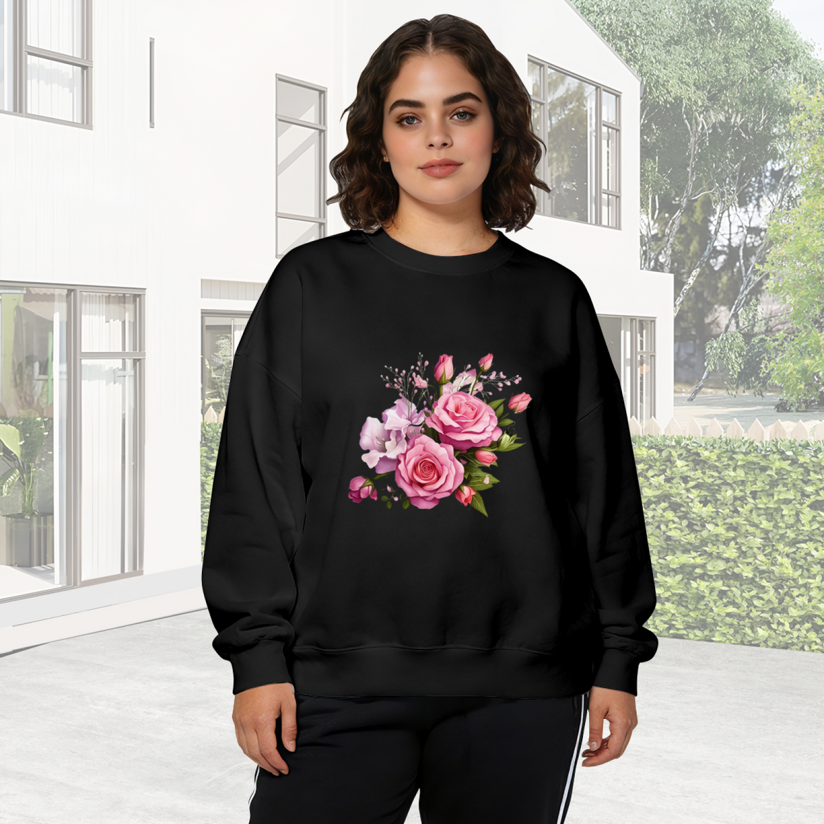 Romantic Pink?Purple Rose Bouquet Art Crewneck Sweatshirt
