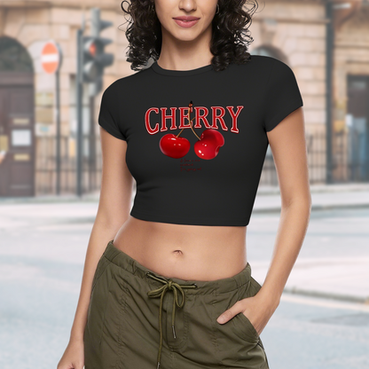 Retro Cherry Graphic Black Baby Crop Tee ¨C Y2K Sweet Fruit Top 2.