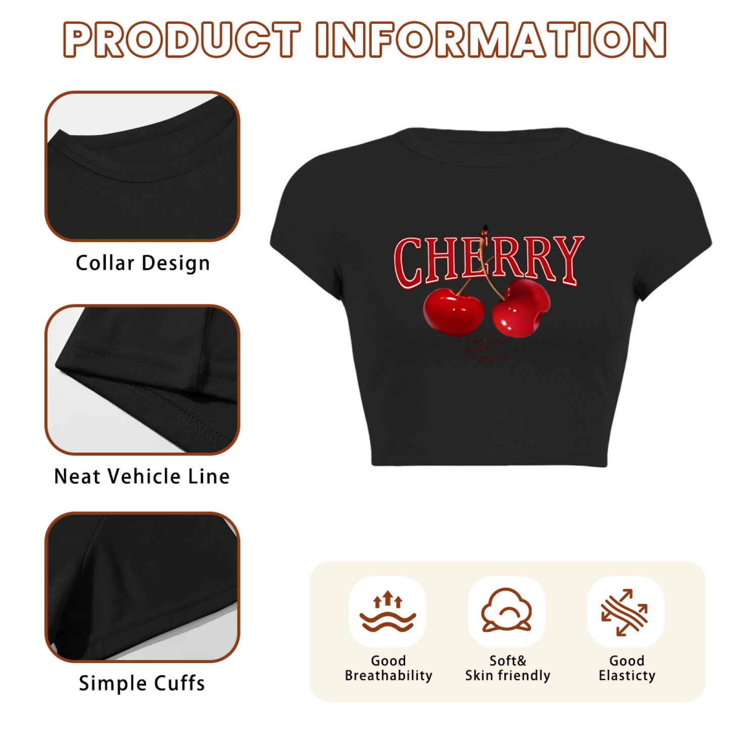 Retro Cherry Graphic Black Baby Crop Tee ¨C Y2K Sweet Fruit Top 2.