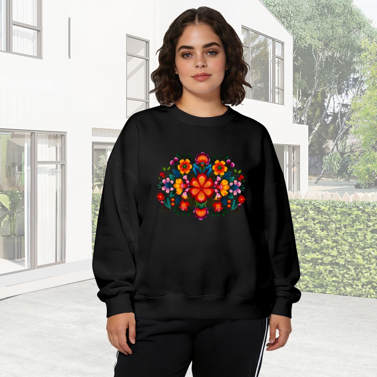 Vibrant Mexican Folk Floral Art Graphic Crewneck Sweatshirt