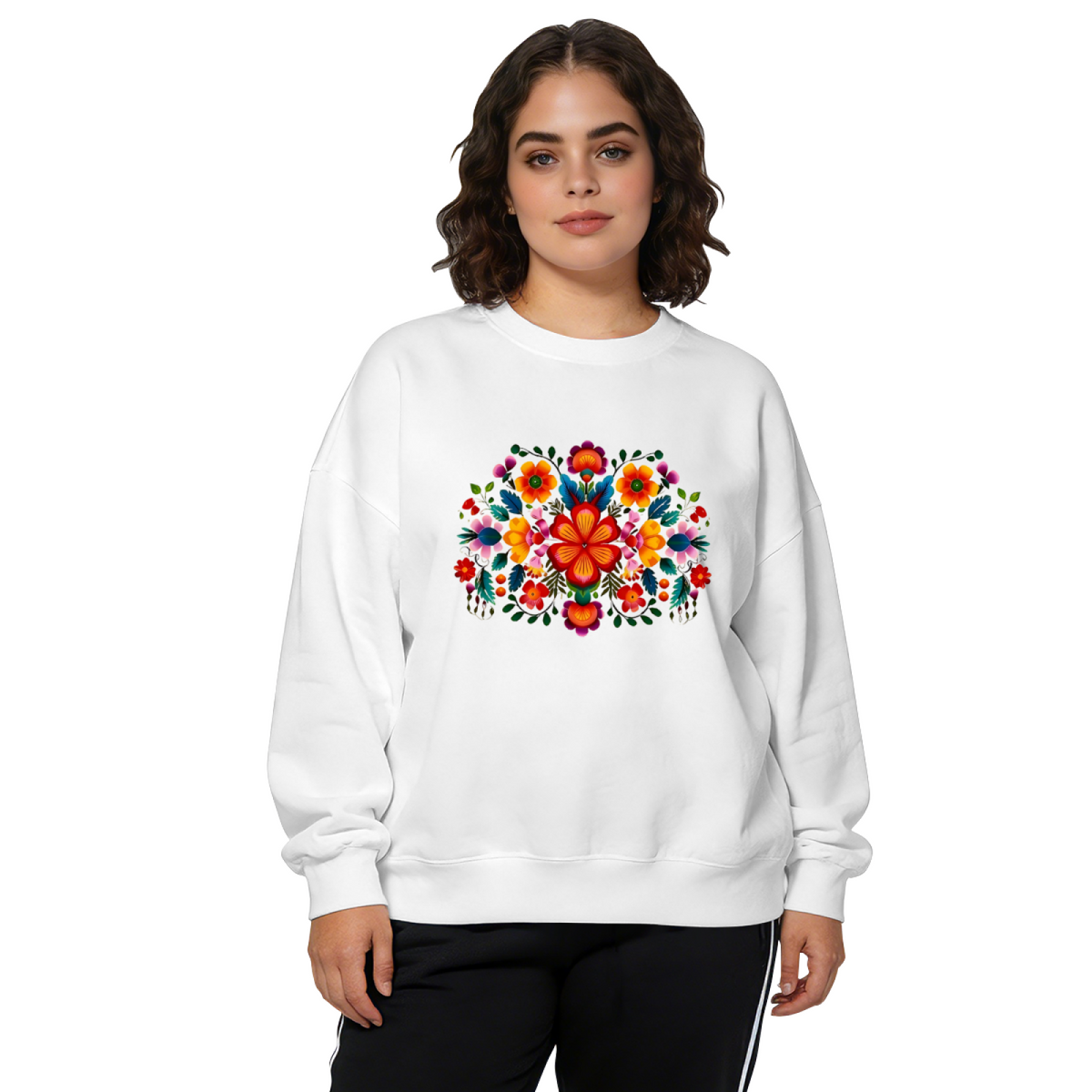 Vibrant Mexican Folk Floral Art Graphic Crewneck Sweatshirt