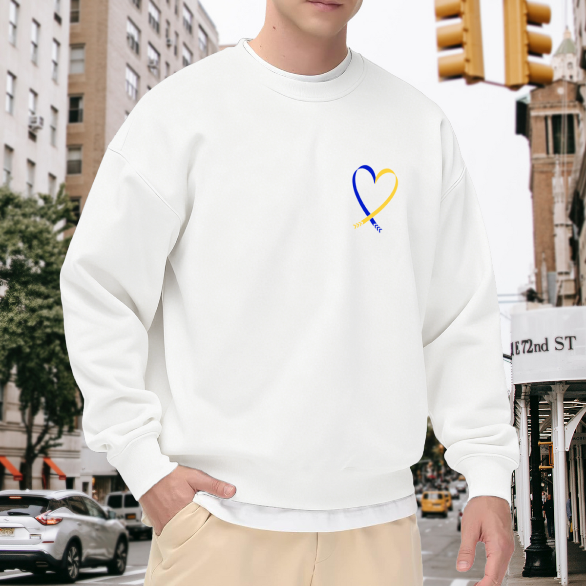 Blue Yellow Heart Ribbon Symbol Crewneck Sweatshirt, Minimal Symbol Graphic White Pullover