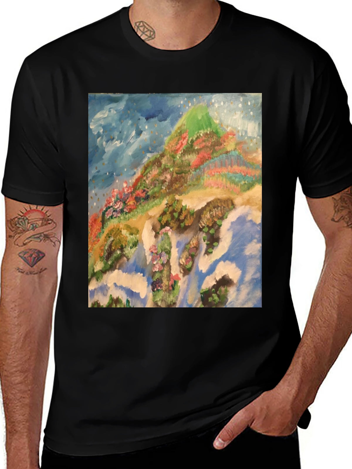 Artistic Mountain Print Black T-Shirt