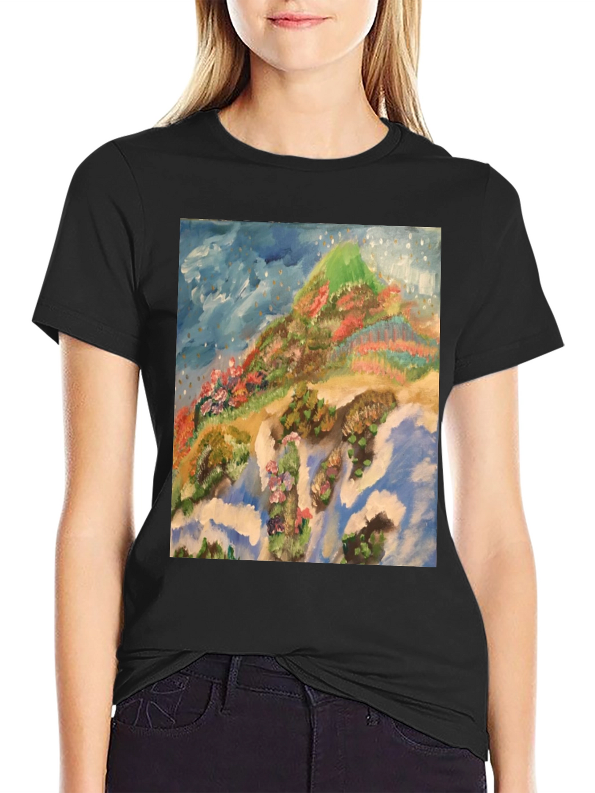 Artistic Mountain Print Black T-Shirt