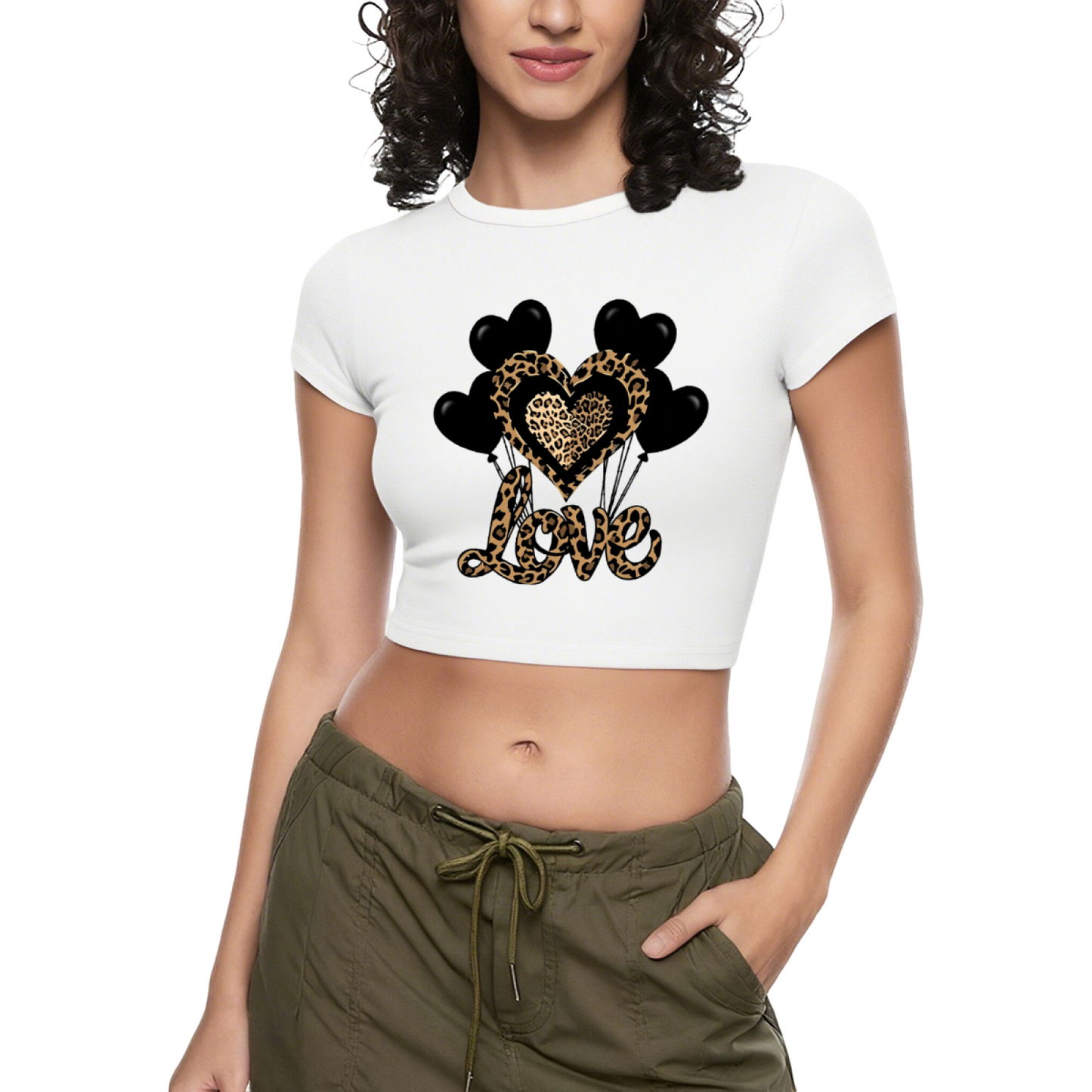 Leopard Love Heart Balloons Retro Gray Y2K Crop Tee