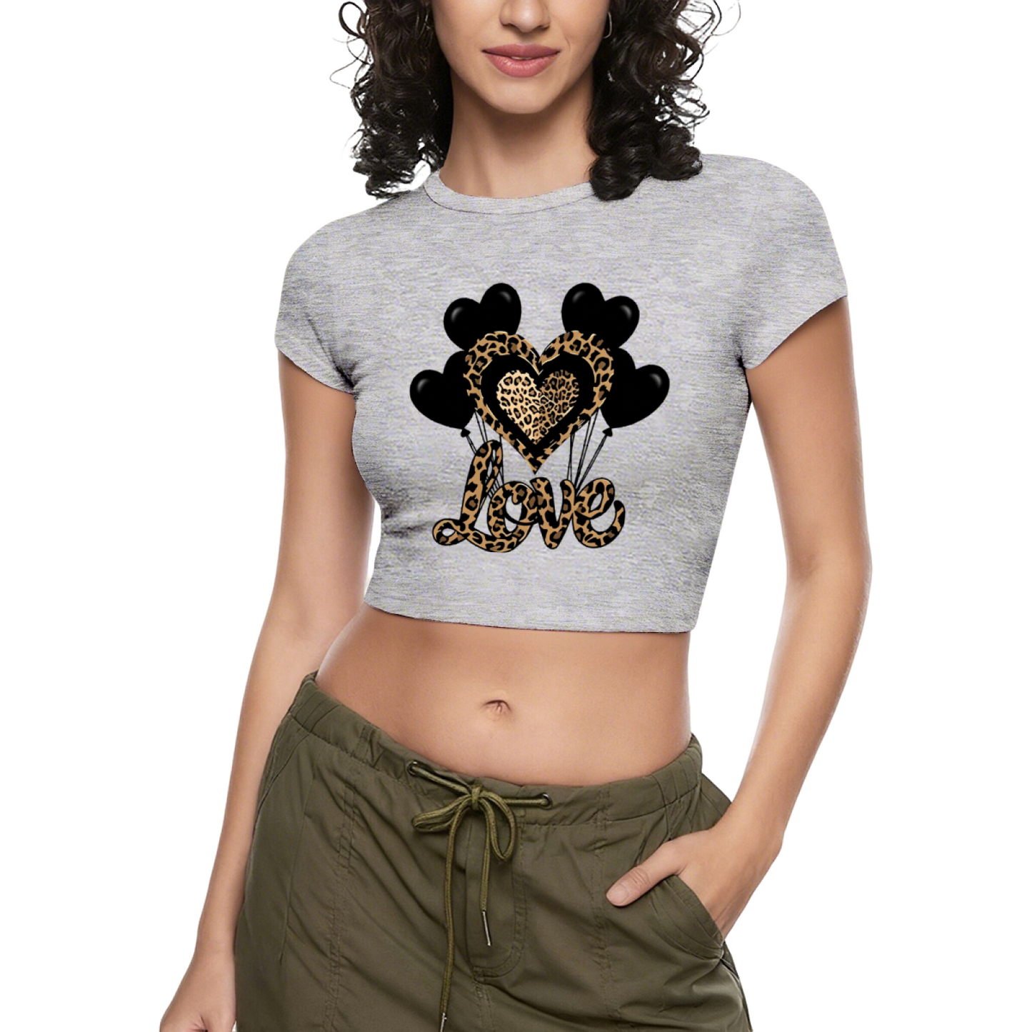 Leopard Love Heart Balloons Retro Gray Y2K Crop Tee